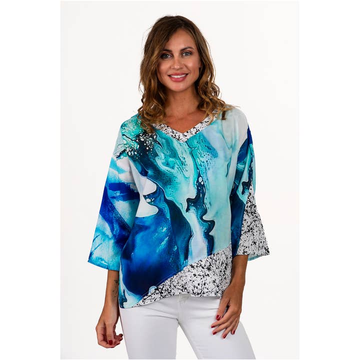 Top con scollo a V stampato a mano e manica dolman per la vendita all'ingrosso da parte di Lemon Grass