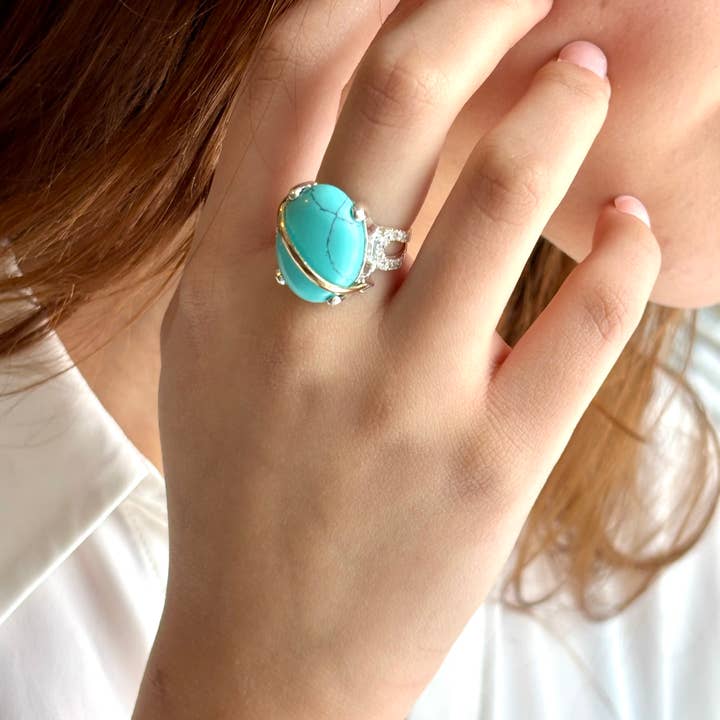 Anillo Laminado de Plata de Ley 925 y Oro de 10K con Turquesa Ovalada para venta al por mayor de QURI