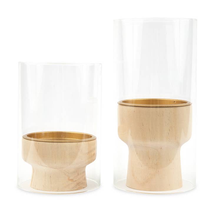 Weddingstar Inc. – Großhandel Kerzenhalter – 2 moderne Stumpenkerzenhalter aus Holz und Glas — Natur