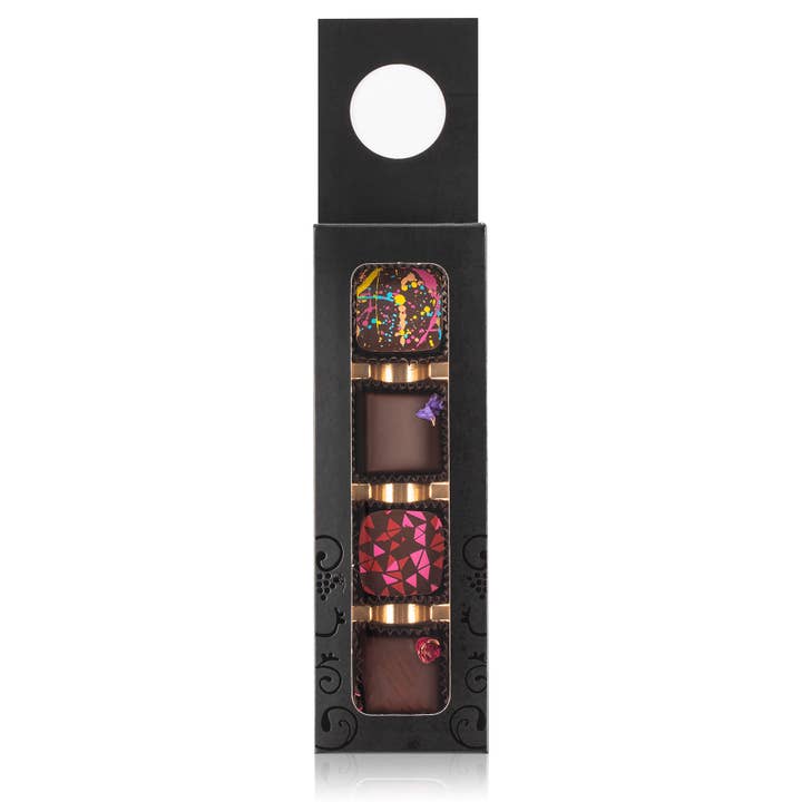 Wine Hanger - Black With Vine Design - 4 Truffles for wholesale by NETO Chocolate