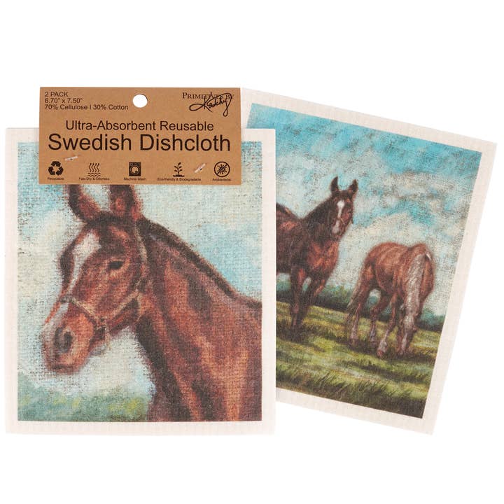 Primitives by Kathy - Wholesale Tea Towel - Grazing Horses Swedish Dishcloth Set