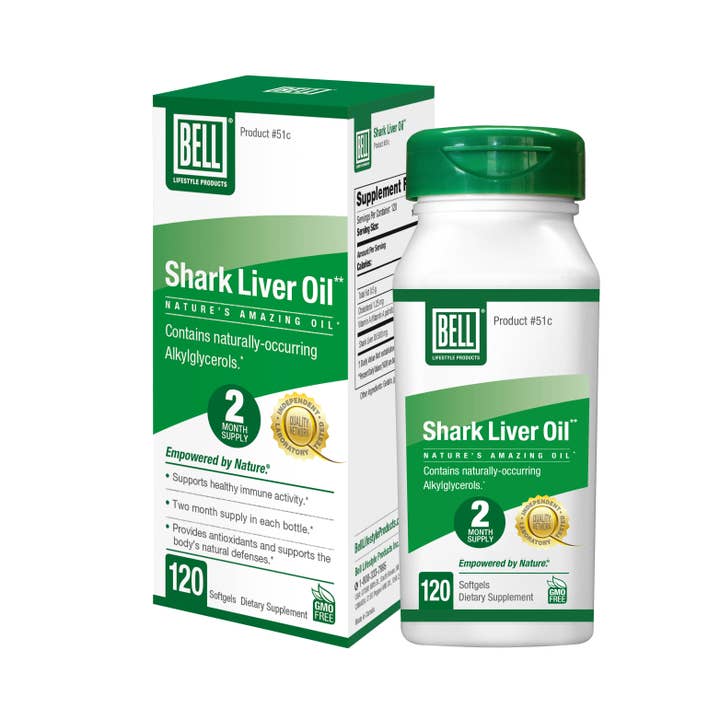 Shark Liver Oil w/ Vitamin A, 2-month supply, 120 soft gels for wholesale by Bell Lifestyle Products Inc.