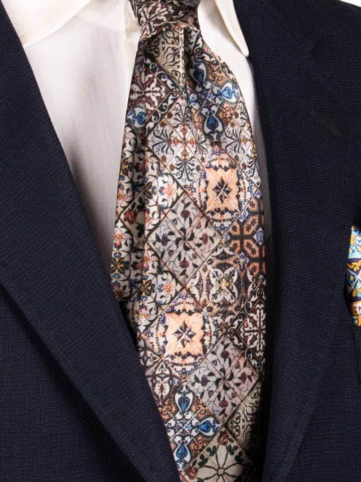 Sicilian Tie Satin Print with Multicolor Majolica CS30 for wholesale by Graffeo Cravatte