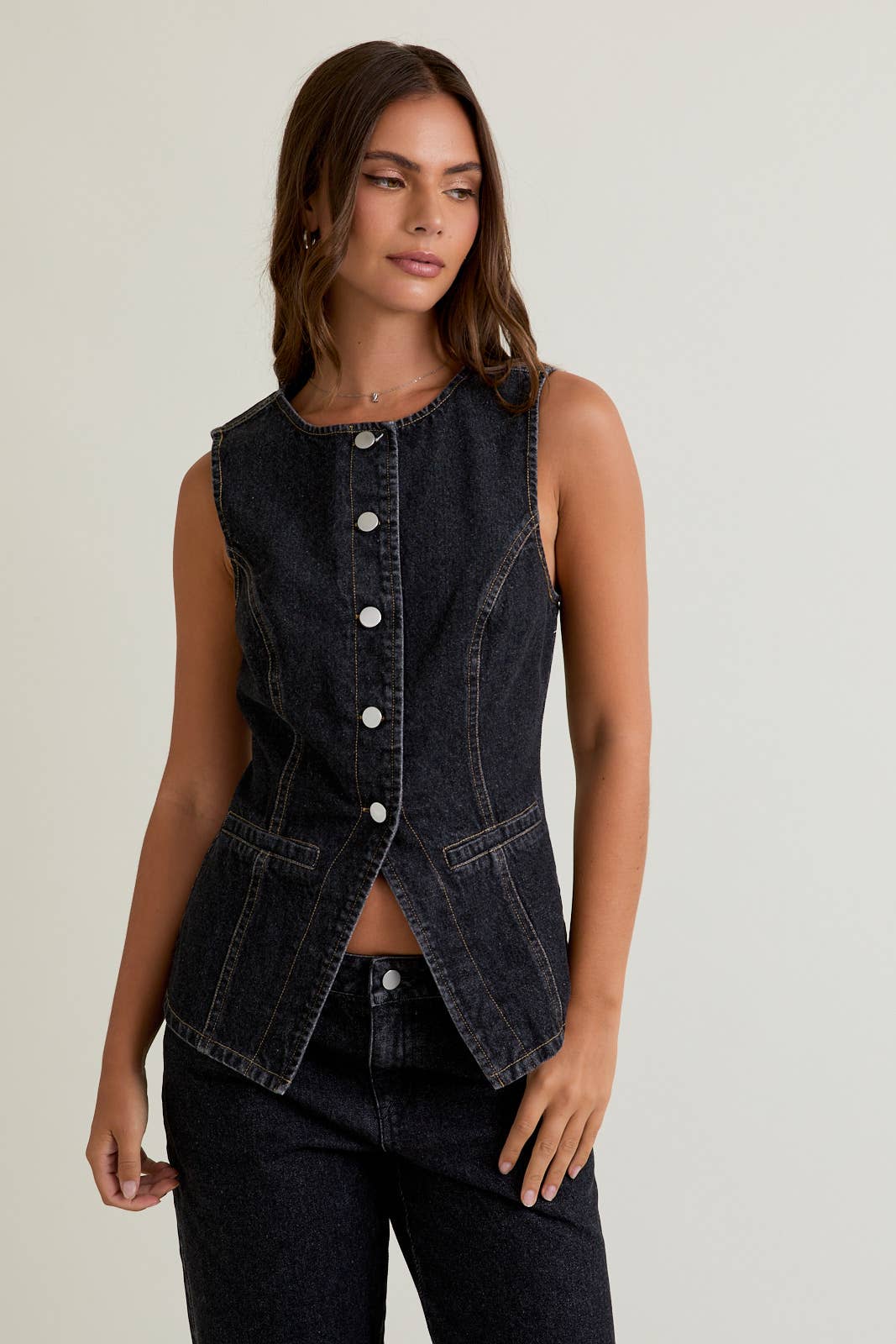 WASHED BLACK BUTTON FRONT SLEEVELESS DENIM TOP for wholesale on Faire