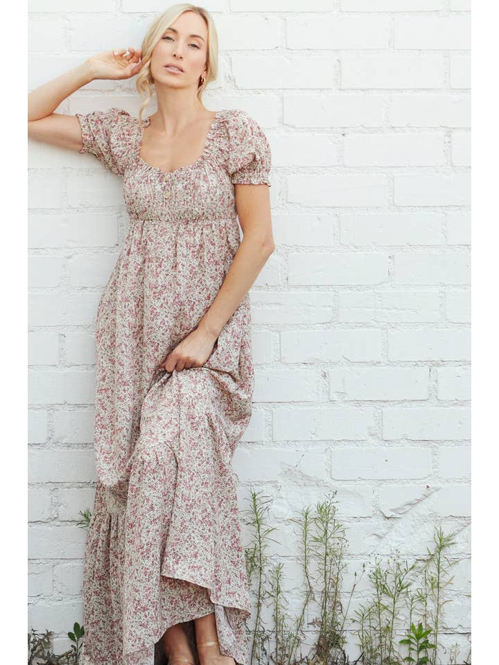 Elloh Collection - Wholesale Dress - Women's - Romantic Puff Sleeve Wide Flare Empire Maxi Dress w Pockets3