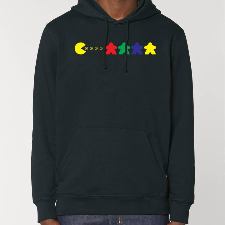 Felpa con cappuccio unisex Pac Meeple per la vendita all'ingrosso da parte di Meeplings | Handmade in Berlin