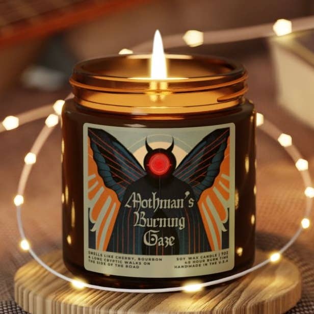 Mothman’s Burning Gaze Hand Poured Scented Soy Candle for wholesale by Cryptic Paper Co.