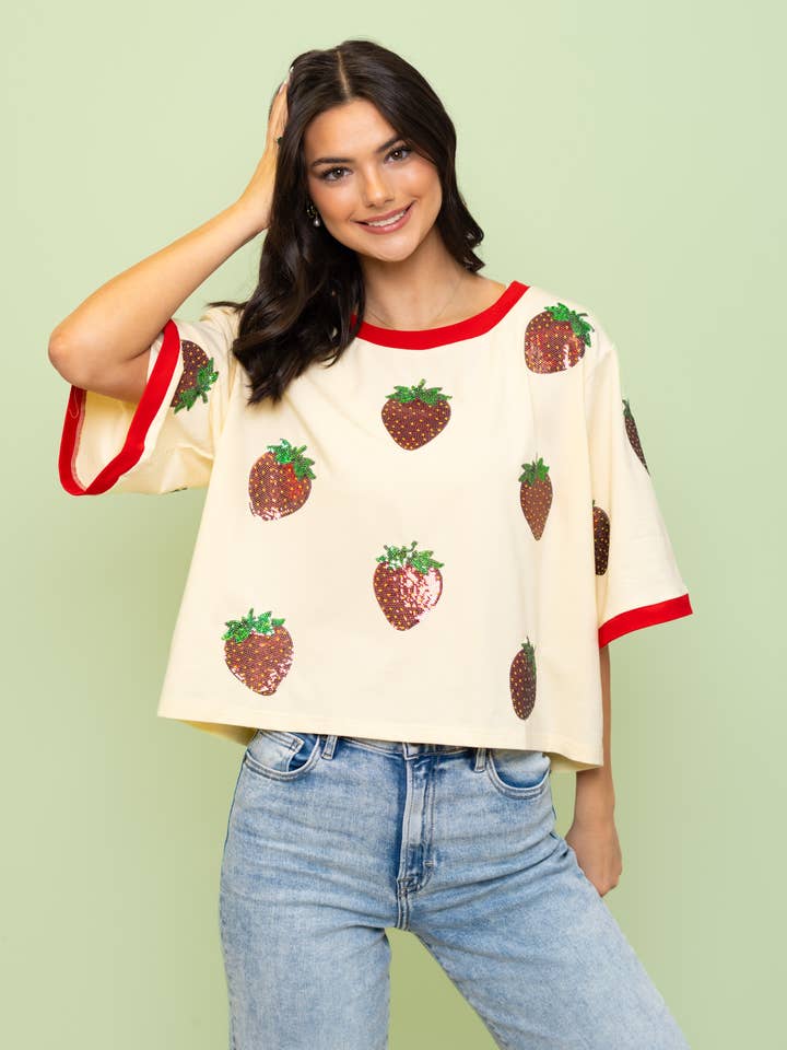**PRE-ORDER ONLY** Wholesale | Scattered Strawberry Festival | Women's Sequin Design Oversized Tee (Cream) for wholesale by BOMB DESIGNS