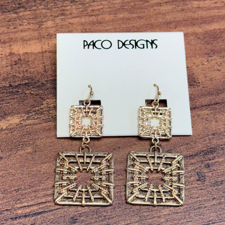 Gold Square Dangle Earrings for wholesale by Paco Designs