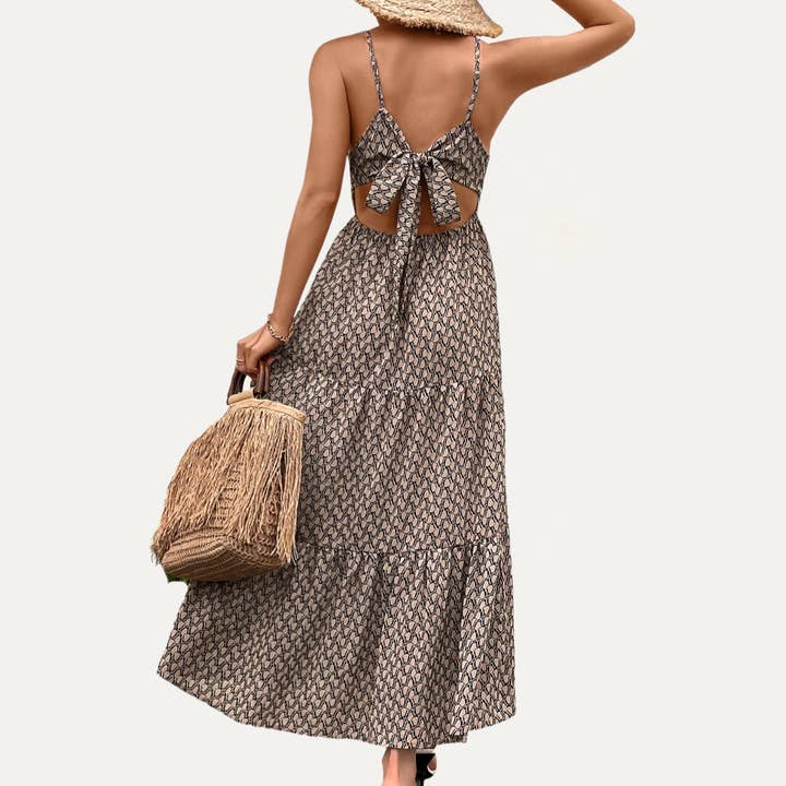 KAKI Robe maxi à bretelles à nouer dans le dos à imprimé abstrait kaki tendance en vente sur Faire