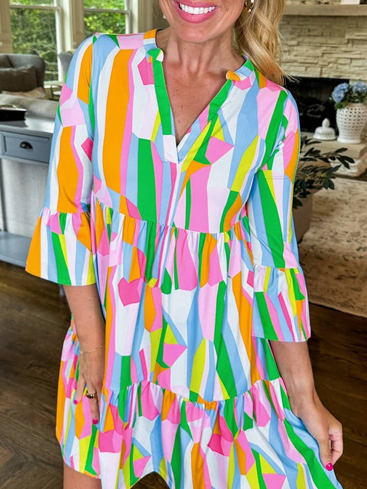 Green Abstract Print Ruffled Sleeve V Neck Dress for wholesale by Lovesoft