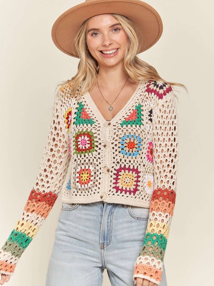 MULTI COLOR CROCHET KNIT CARDIGAN- LESW3408 for wholesale by Madelyn