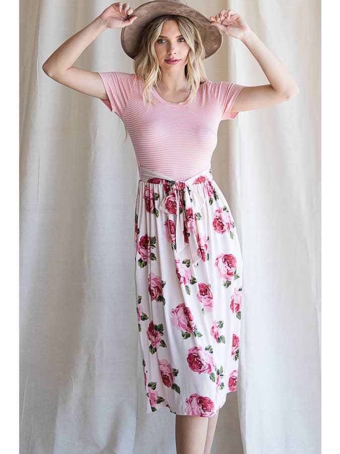 7th Ray - Wholesale Dress - Women's - Floral Waist Tie Short Sleeve A-Line Midi Dress D41996