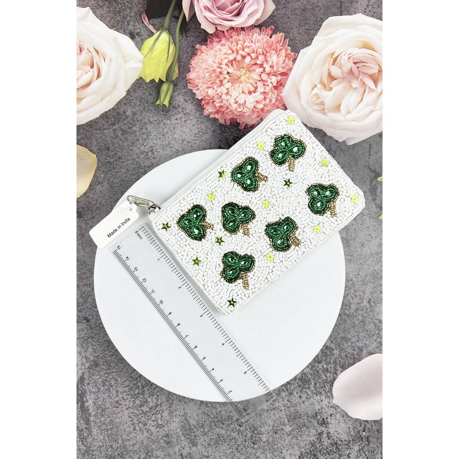 GREEN ST PATRICKS CLOVER OF INDIAN BEADED COIN POUCH for wholesale on Faire4