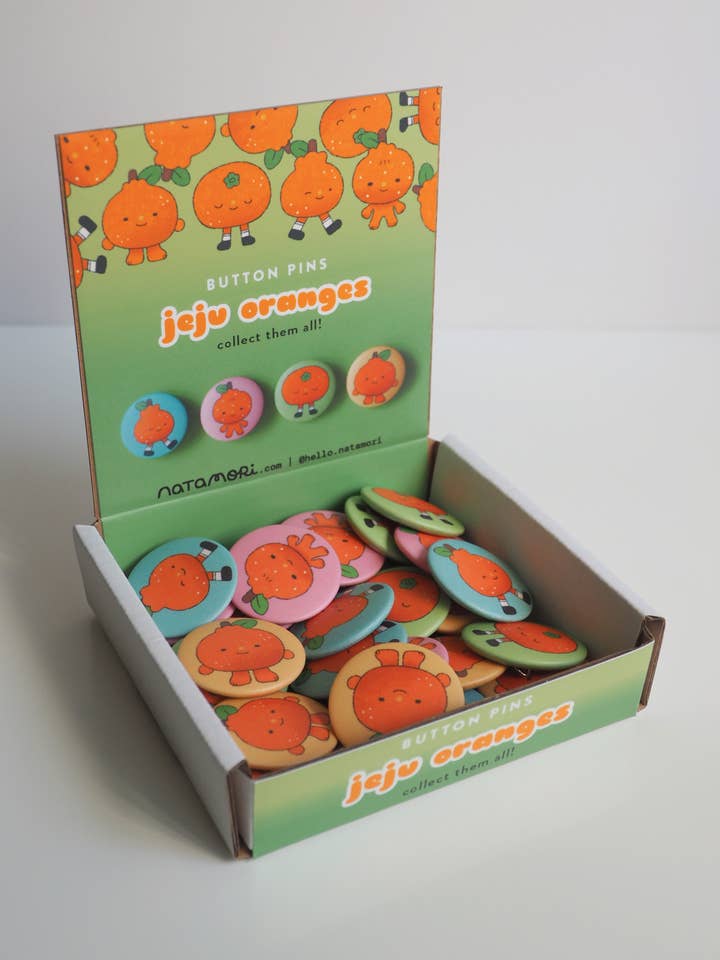 Jeju Oranges • 25 Button Pins Display Box (Assorted Designs) for wholesale by natamori