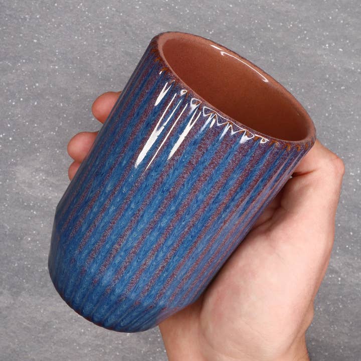 Blue and Red 16 oz Round Ribbed Stoneware Ceramic Cup for wholesale by HOLD SUPPLY
