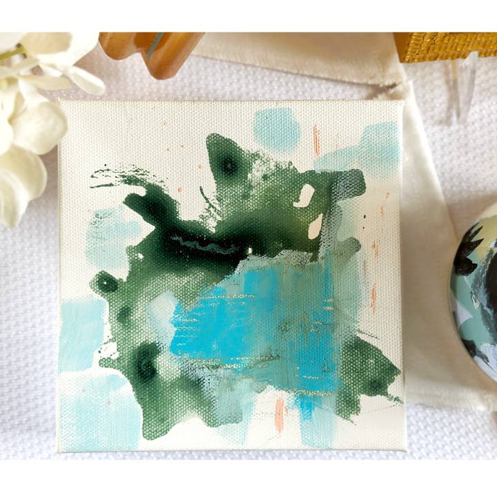 Coastal Abstract in Blues and Olive II, Painting on Canvas for wholesale by Green Barn Studio