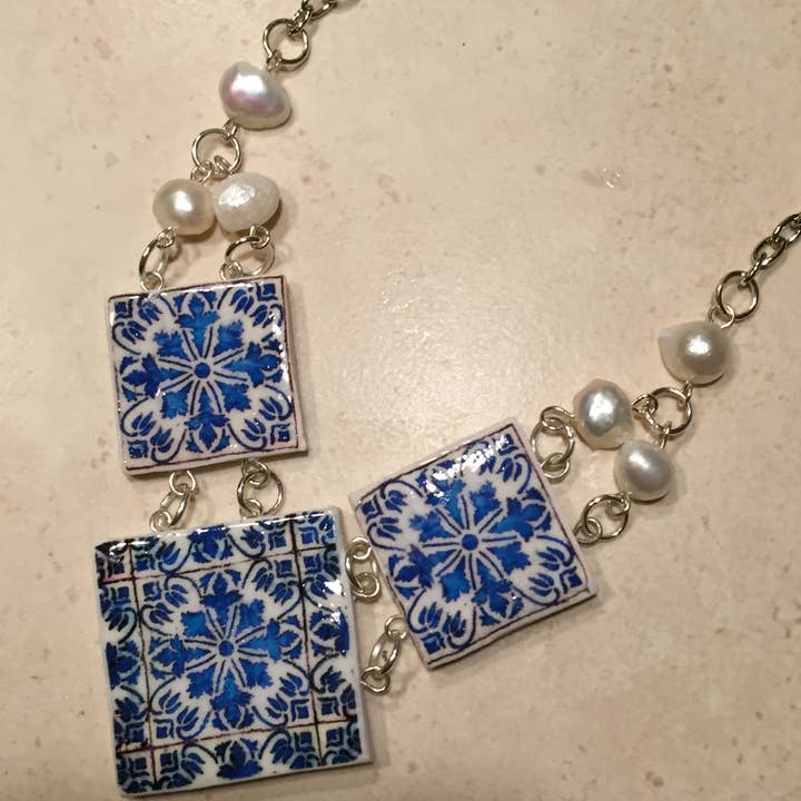 Choker with three miniatures of Portuguese tile and genuine for wholesale by LUSO TILES JEWELRY