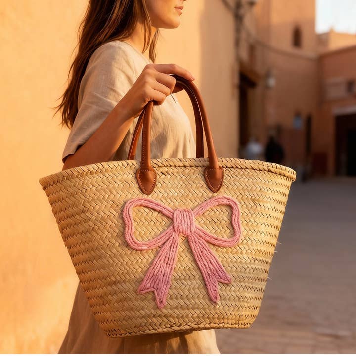 Pink Bow Embroidered Straw Bag – Valentine Gift Ready for wholesale by King Of Handmade