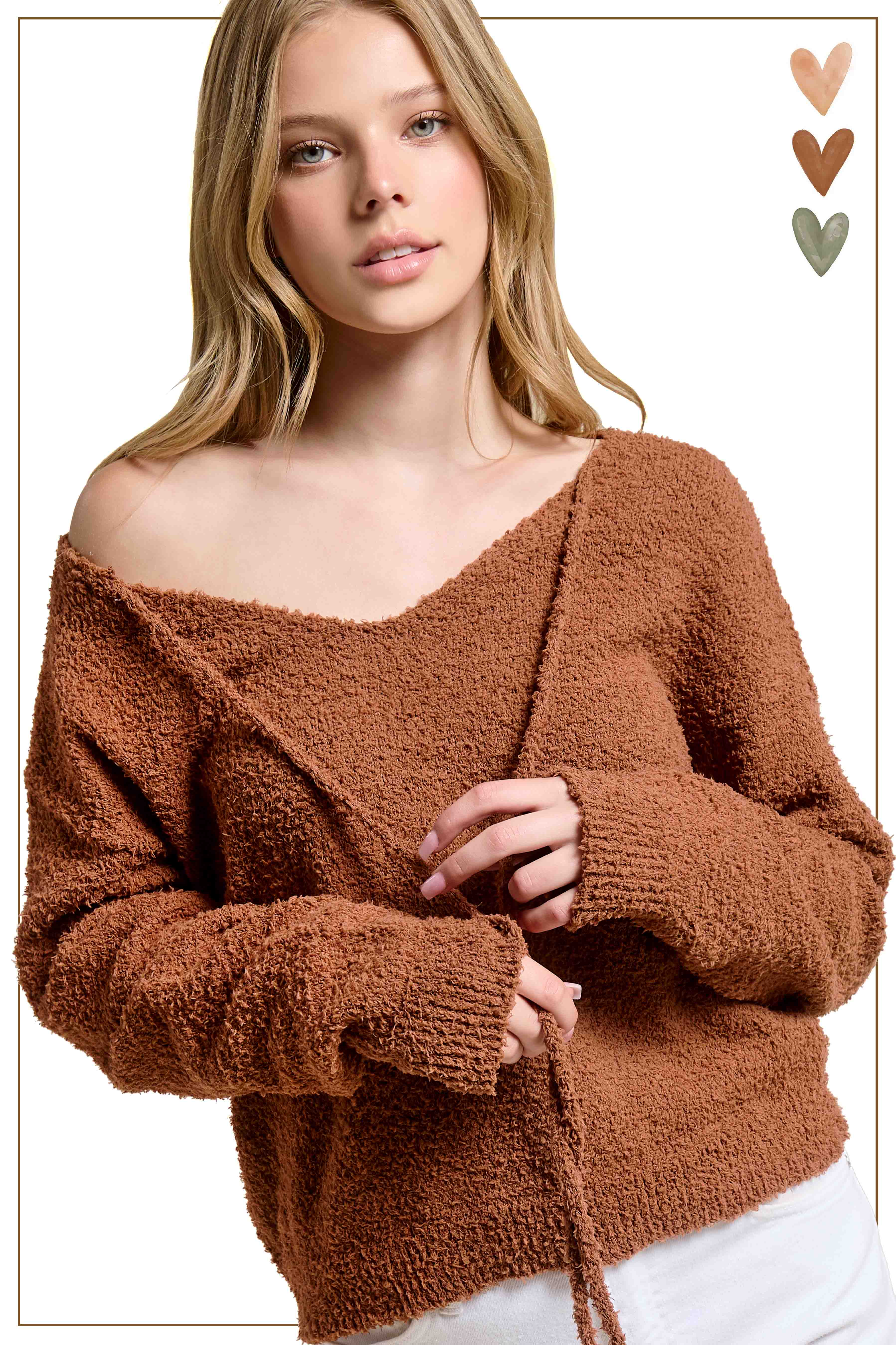 La Miel - Wholesale Knit Sweater - Women's - JDS3605-Fuzzy Reversible Drawstring V-Neck Sweater4