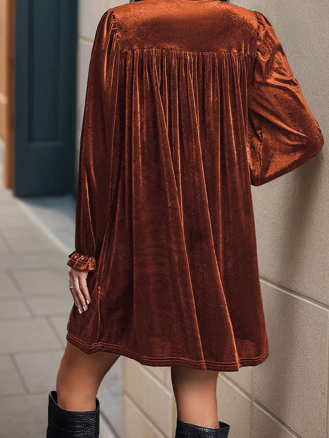 UNISHE - Wholesale Dress - Women's - Long Sleeves V Neck Smocked Velvet Dress BFZY119614