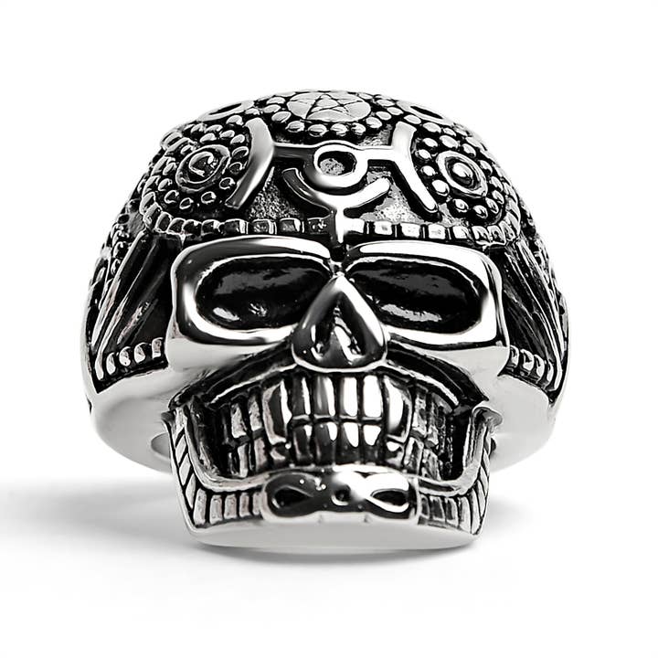 WJW - Vente Bague de cocktail/de cérémonie - Bague Crâne en Acier Inoxydable d'Inspiration Tribale0