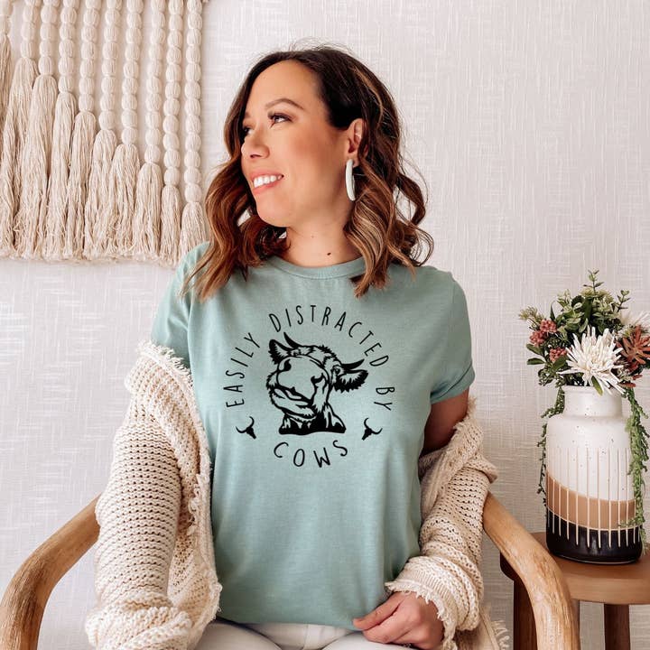 Easily Distracted By Cows Dusty Blue Tee Black Ink for wholesale by Simply Tees