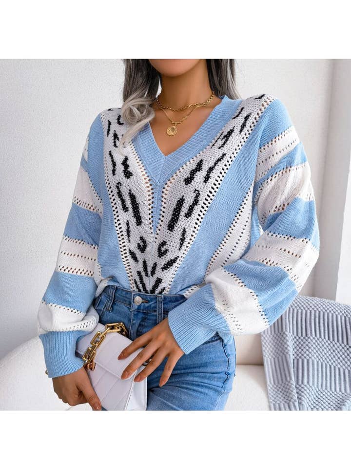 madeinclothinginc - Wholesale Knit Sweater - Women's - Knitted V-Neck Leopard-Print Long-Sleeved Sweater