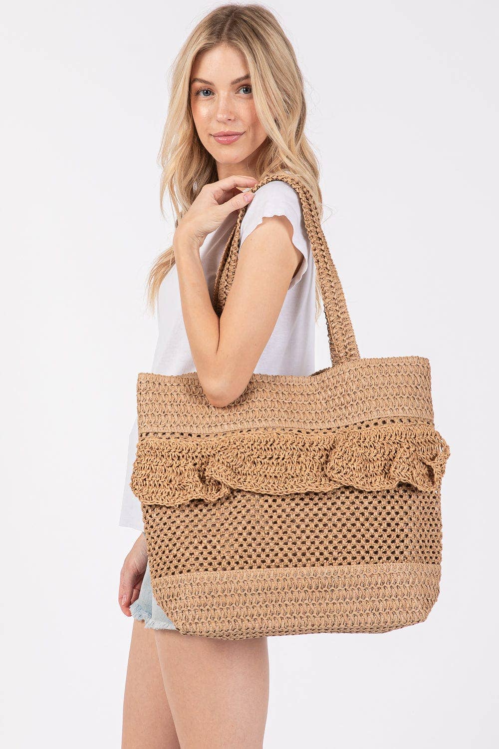 MiMi Wholesale - Wholesale Tote Bag - Women's - MB0272 Ruffle Detail Crochet Straw Tote Bag2