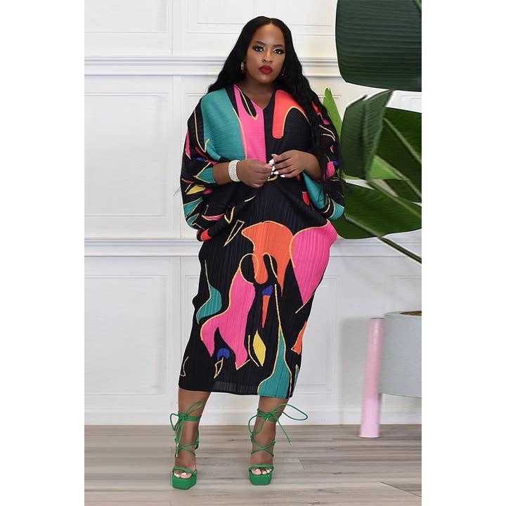 DORCAS - Wholesale Dress - Women's - PLUS FREE SIZE MULTI COLOR MIDI DRESS