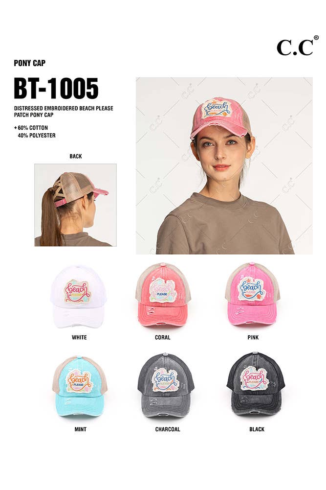 Hana - Wholesale Ponytail Cap - Women's - C.C Beach Please Patch Distressed Pony Baseball Cap9