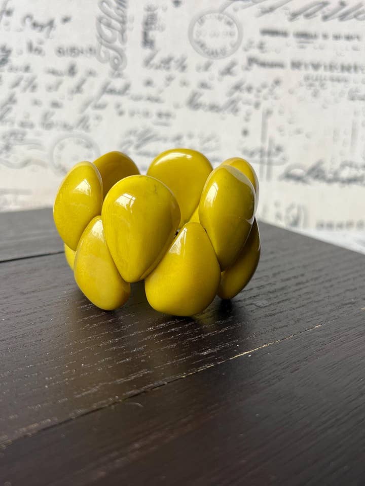 Yellow green statement bracelet Tagua jewelry Big bangle Trendy custom jewelry Wearable art Beach fashion Elastic stretch bracelet for wholesale by Galapagos Tagua
