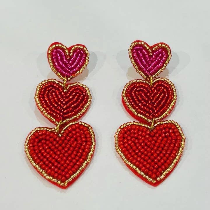 Steel earrings with 3 fabric hearts and seed beads for wholesale by Bijoux 7bis