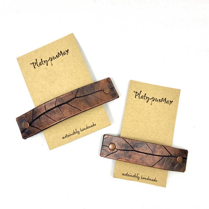 Bronze and Black Leather Oak Leaf Large Barrette for wholesale by PlatypusMax