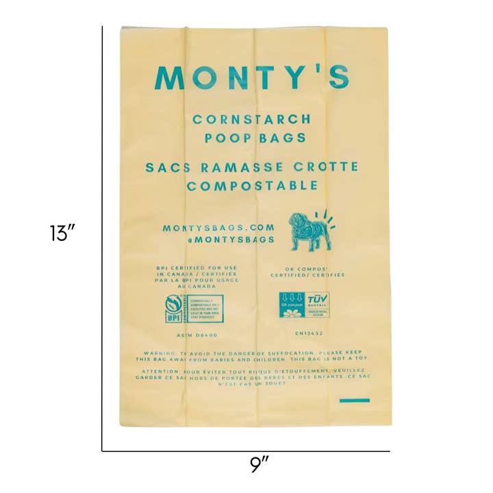 Monty's Bags – wholesale Pet poo bag – Compostable Cornstarch Poop Bags - 9 x 13" - Standard Rolls