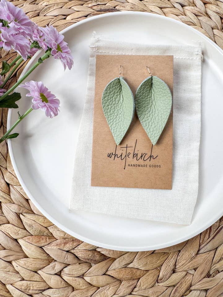 Cottage Mint Leather Leaf Earrings for wholesale by Whitebirch Handmade Goods