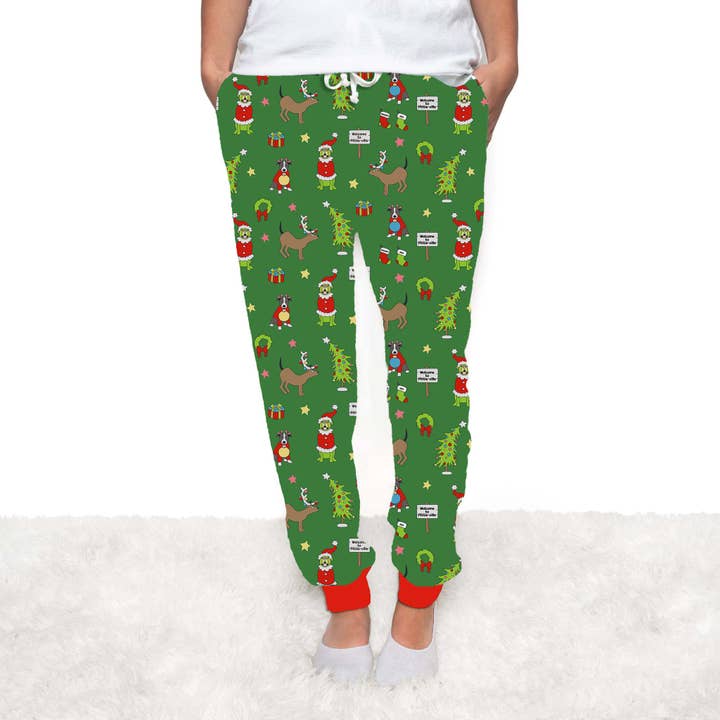 *PRE-ORDER* How the Pittie Stole Christmas- Green Human Pants for wholesale by Pittie Clothing Co.