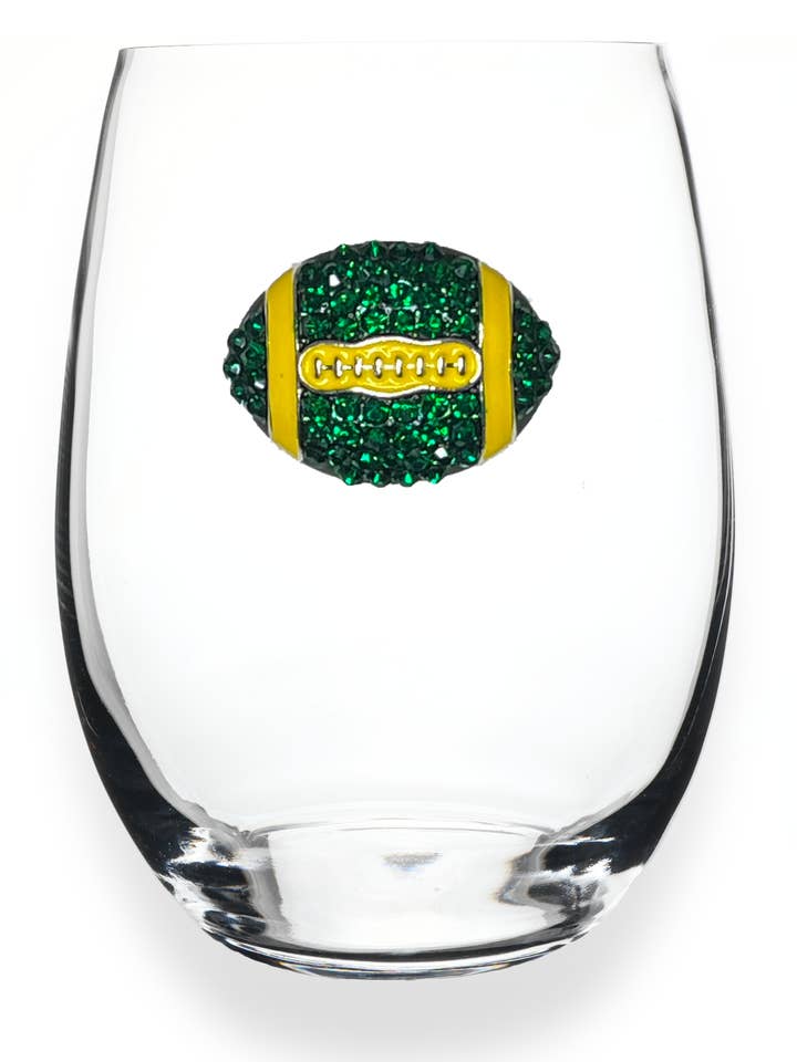 Football Jeweled Glassware - Stemless - Green and Yellow for wholesale by The Queens' Jewels®