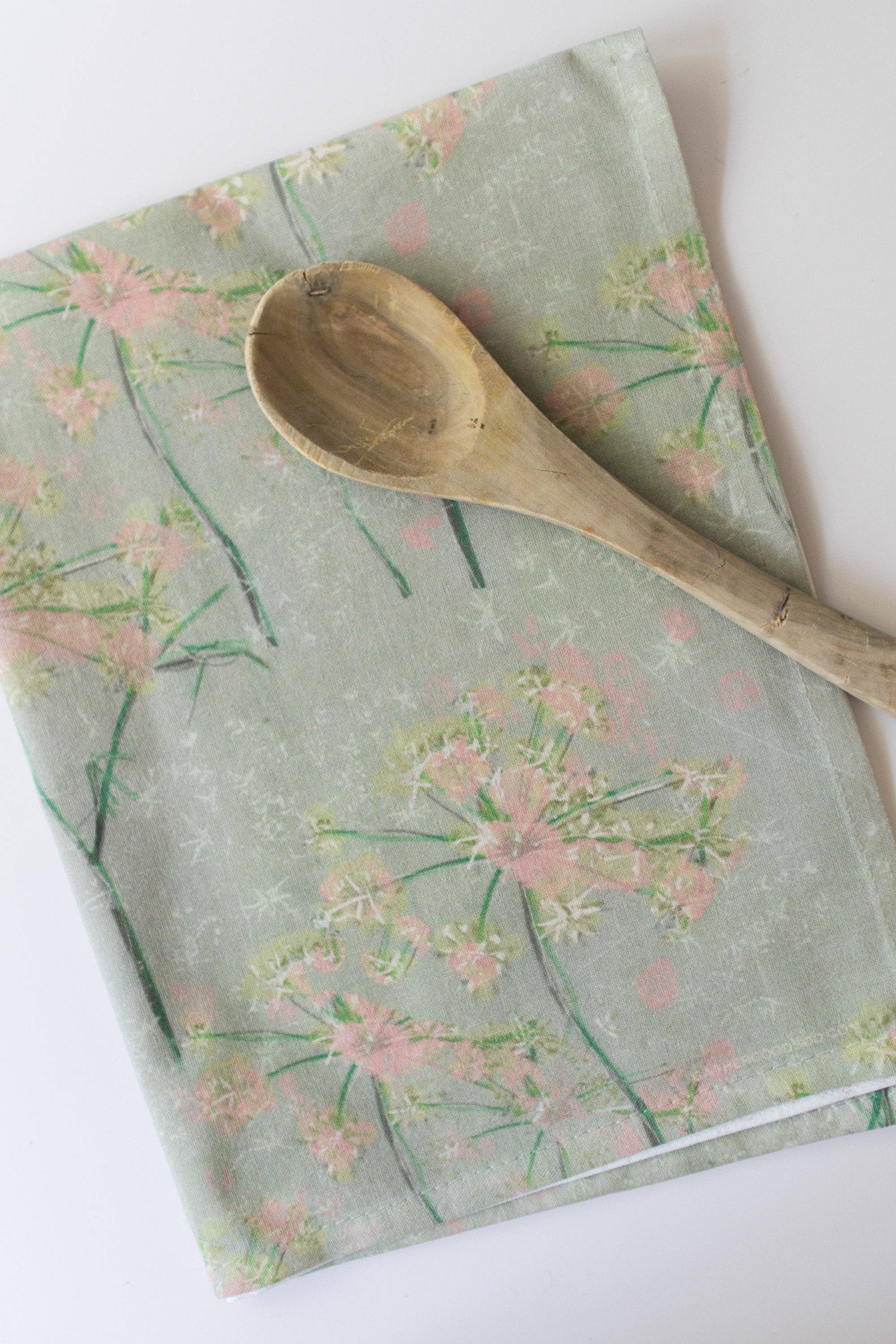 Gather Goods Co - Cards, Coasters, Tea Towels, Art, Mugs - Wholesale Tea Towel - Sage Green Tea Towel with Floral Botanical Print1