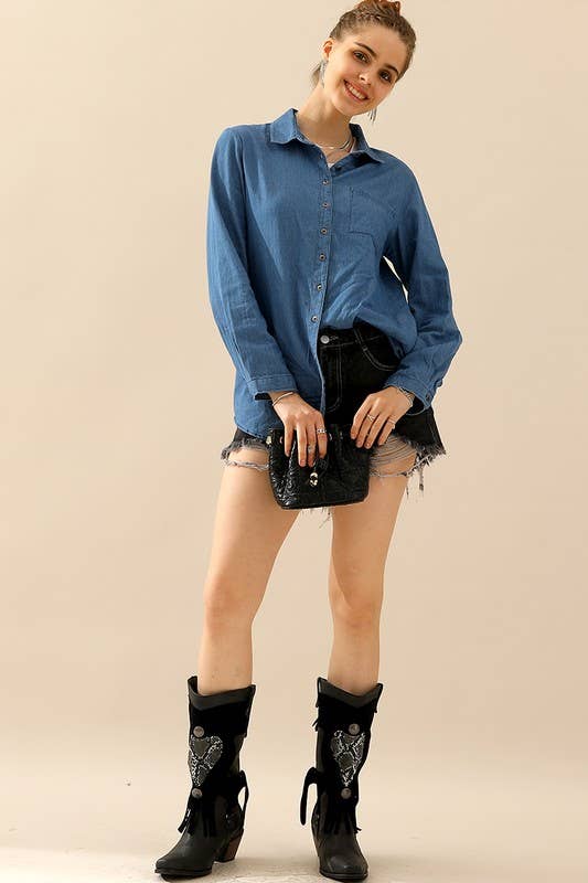 NINEXIS - Wholesale Button Down Shirt - Women's - CWTSTL088_DENIM CHAMBRAY BUTTON UP LONG SLEEVE TOP13