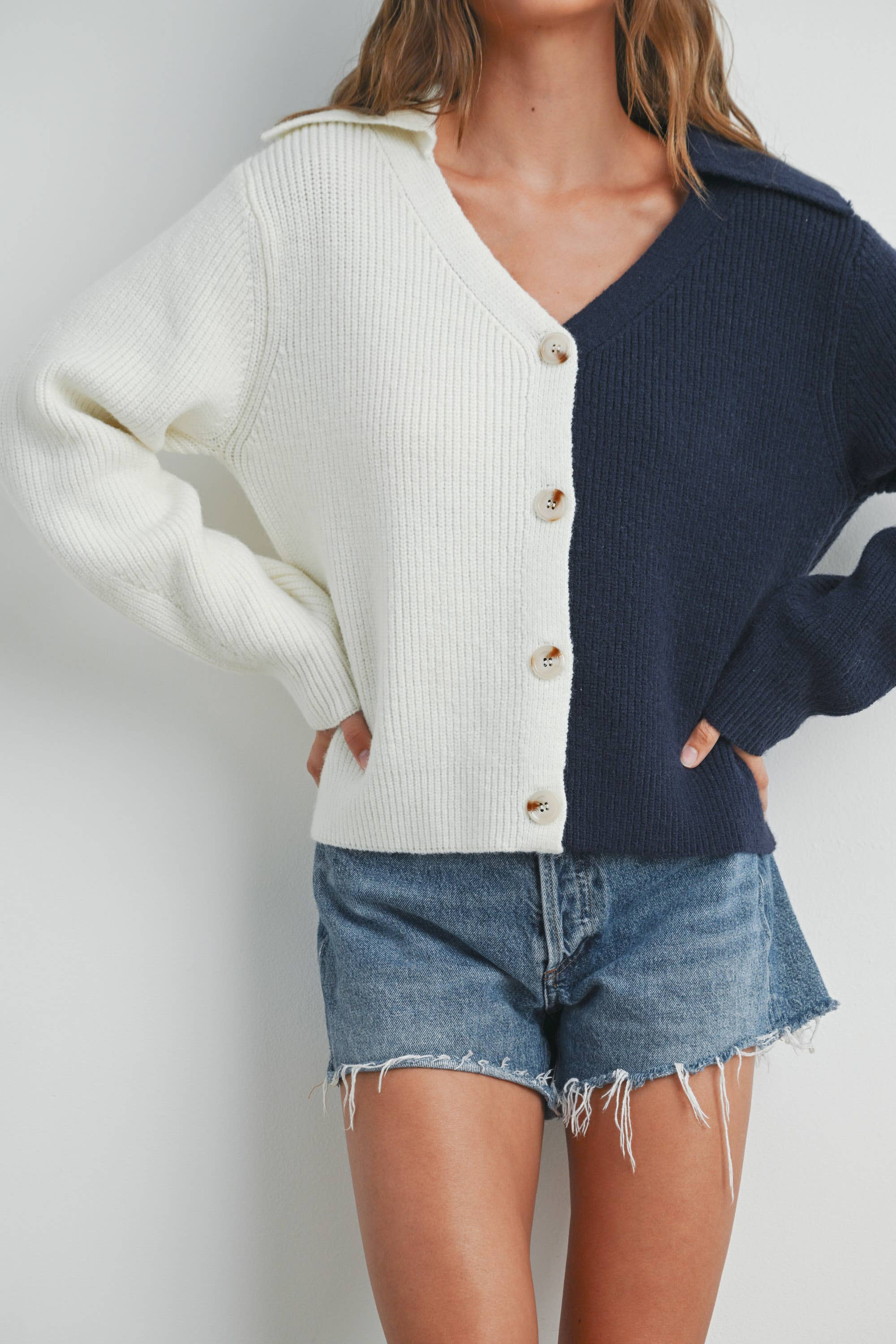 IVORY NAVY Two Tone V-Neck Cardigan - BMW7390 for wholesale on Faire12