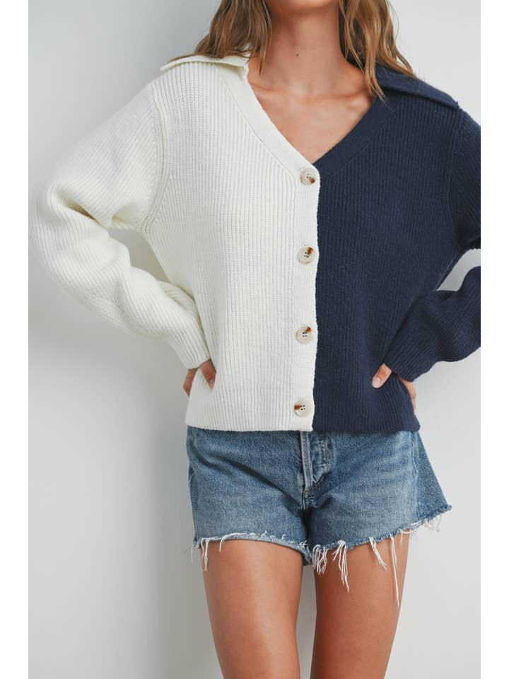 IVORY NAVY Two Tone V-Neck Cardigan - BMW7390 for wholesale on Faire12