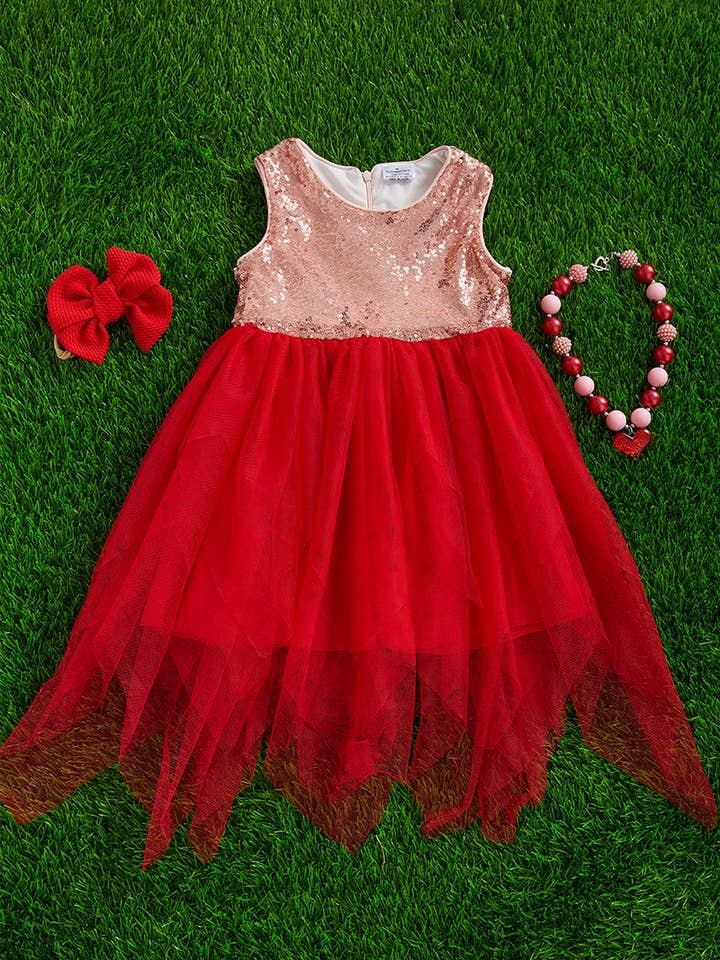 Kids Charm Online - Wholesale Dress - Kids - BLUSH SEQUINS WITH RED TULLE SKIRT DRESS. DRG051323014 SOL
