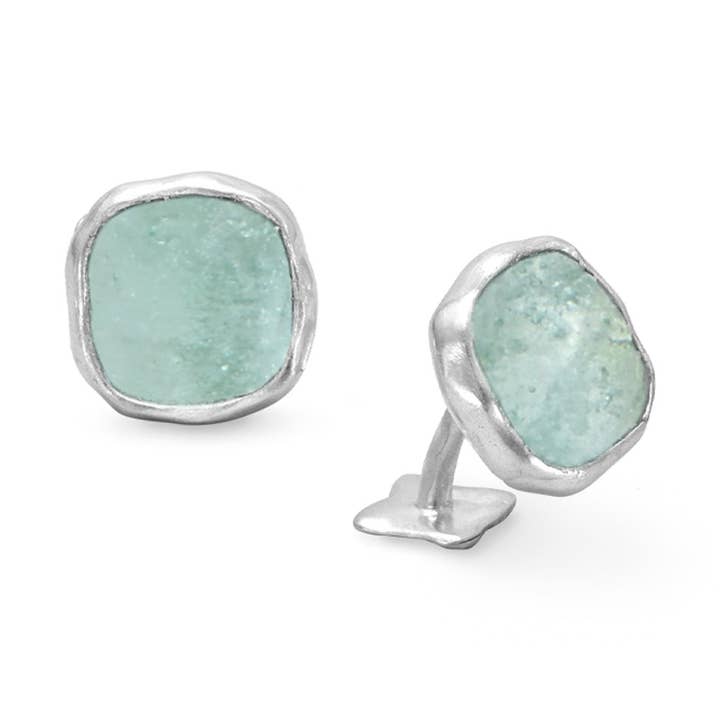 Aqua Ancient Roman Glass Cuff Links for wholesale by Silver Stars Collection