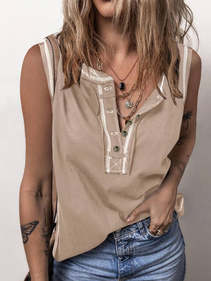 Lovesoft - Wholesale Tank Top - Women's - Contrast Stitching Exposed Seam Henley Tank Top