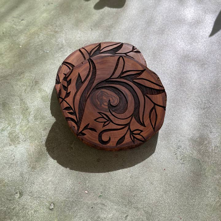 Engraved Olive Wood Coasters - Italian Renaissance Design for wholesale by Blu Crescent Engraving