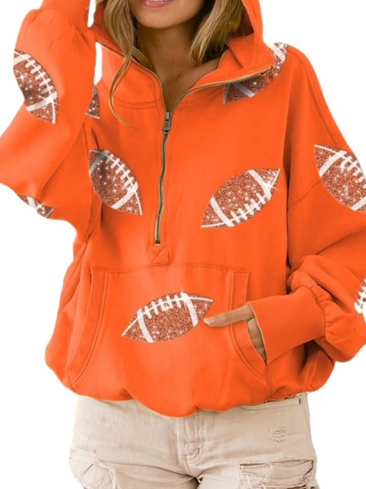 Football Sequin Patches Half Zip Up Fleece Hoodie for wholesale by Vanilla Monkey