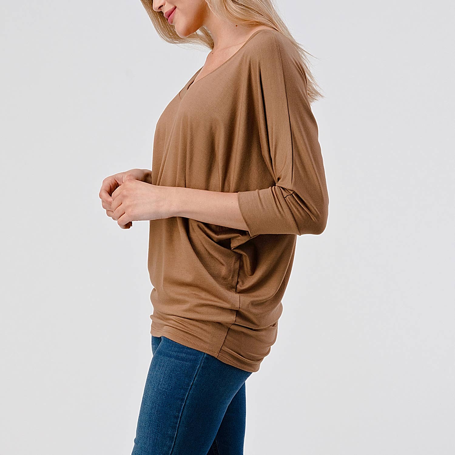 Heimious - Wholesale Knit Top - Women's - 3/4 Dolman Sleeve V-neck Modal Jersey Top, 257342