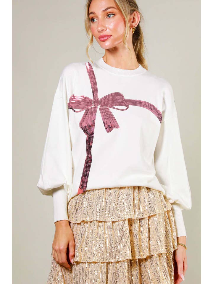 Vine & Love - Wholesale Knit Sweater - Women's - Bow Embroidered Sequin Trim Knitted Sweater Top VT81862