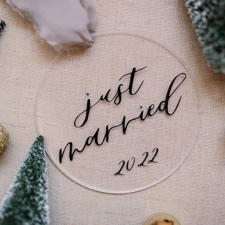 Just Married Acrylic Ornament for wholesale by Hampton Paper Co.
